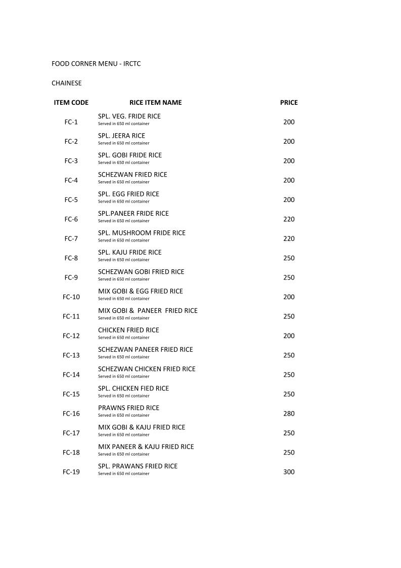 Food Corner menu