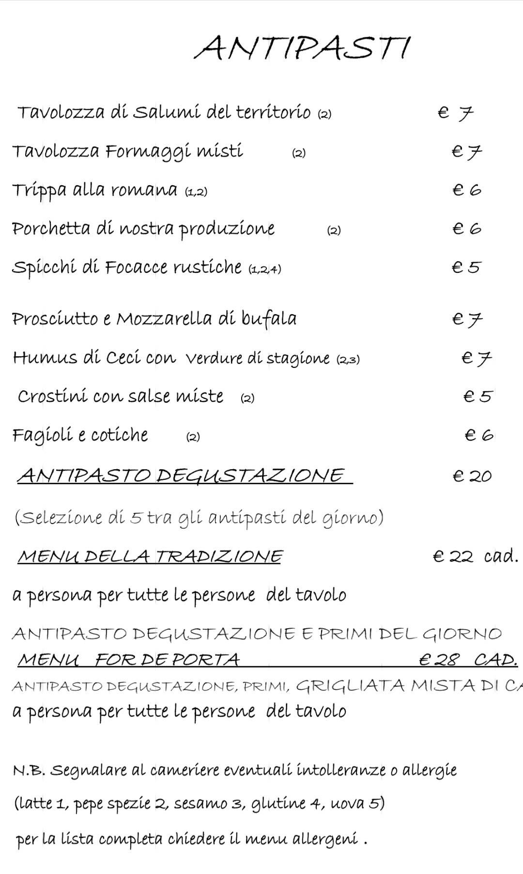 Menu di For De Porta 
