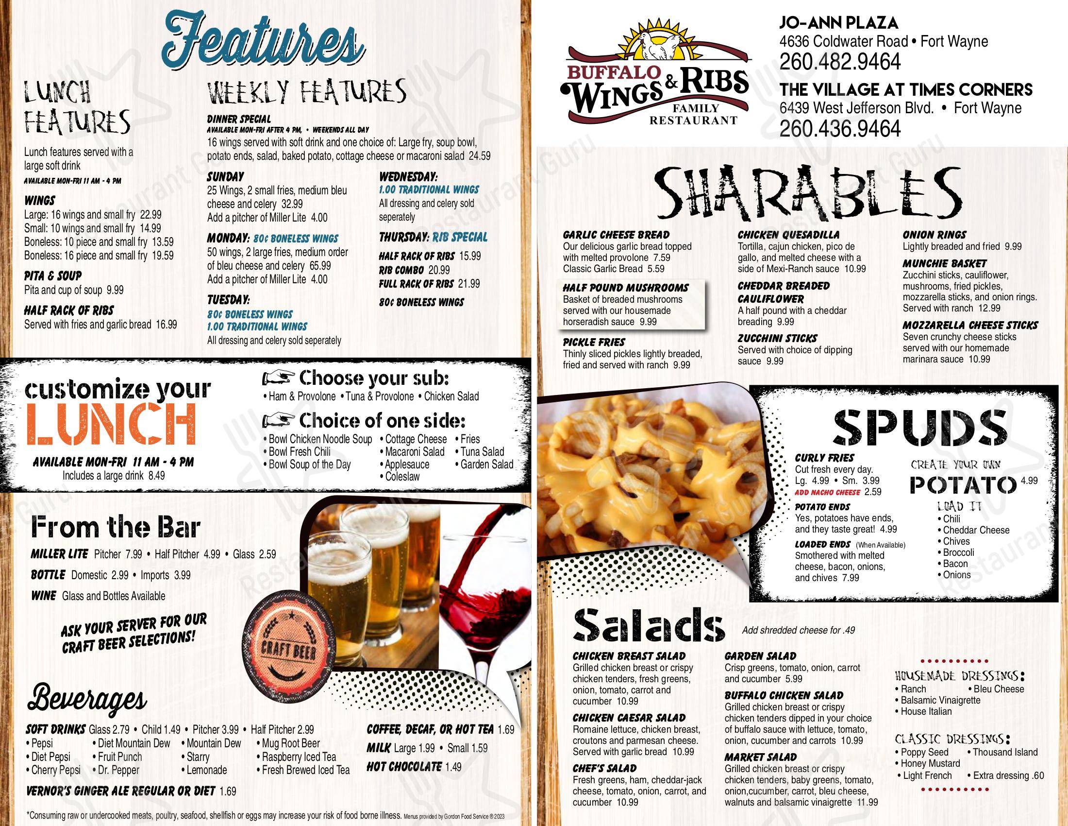 Menu at Buffalo Wings & Ribs pub & bar, Fort Wayne, Coldwater Rd