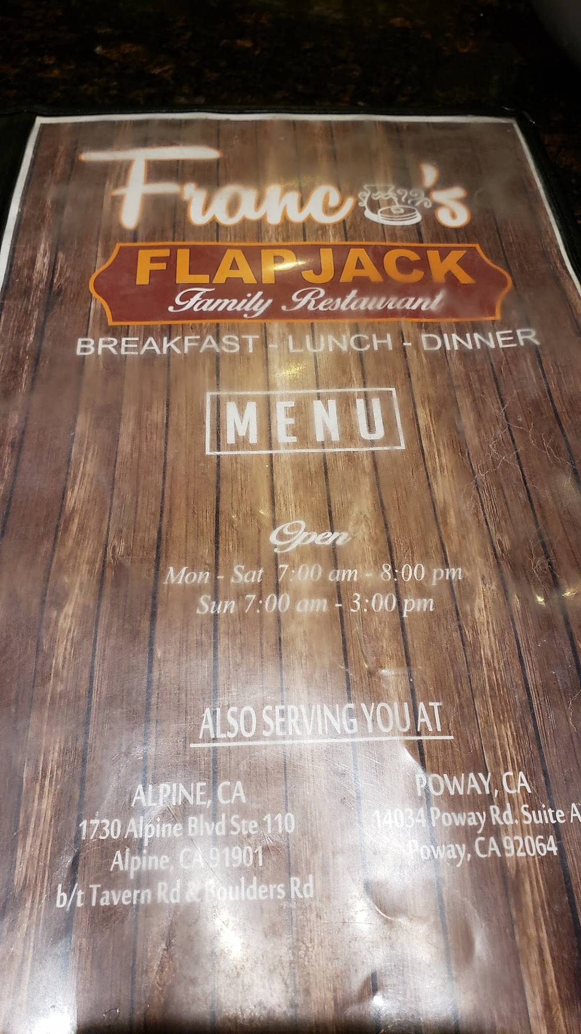 Menu at Franco's Flapjack Family Restaurant, Bonita