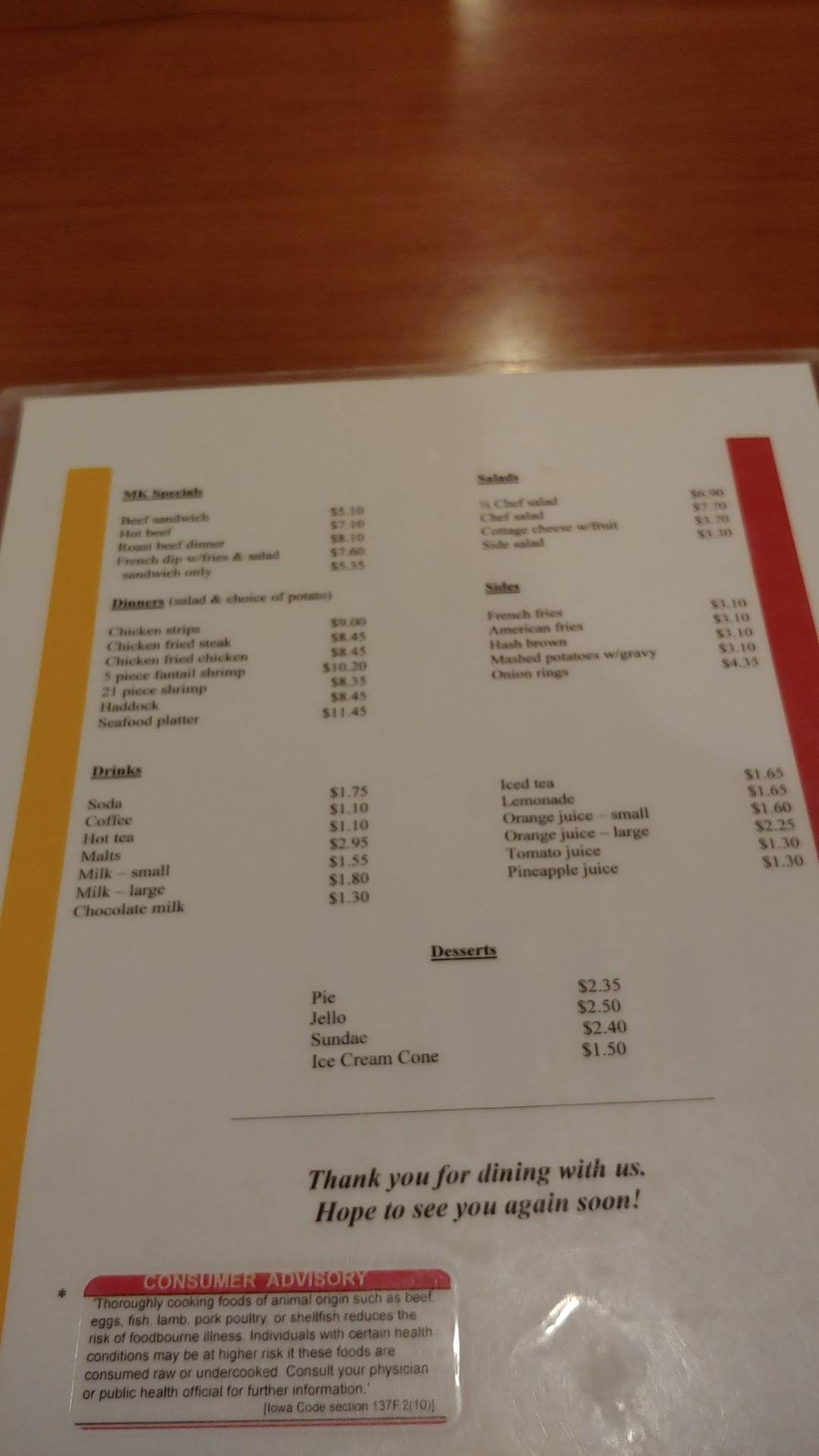 Menu at Frannie's Cafe, Onawa