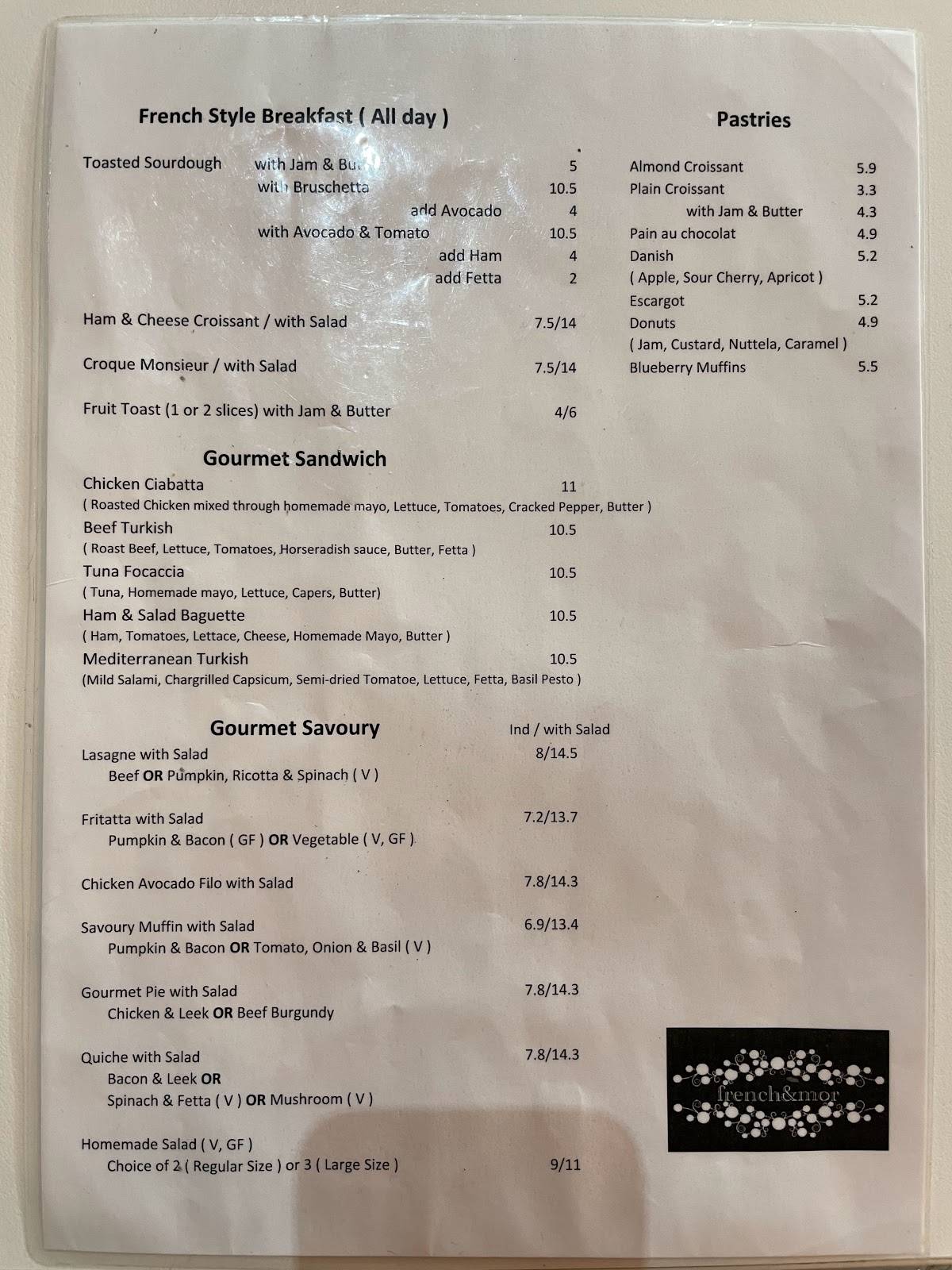 Menu at French & Mor cafe, Albany Creek