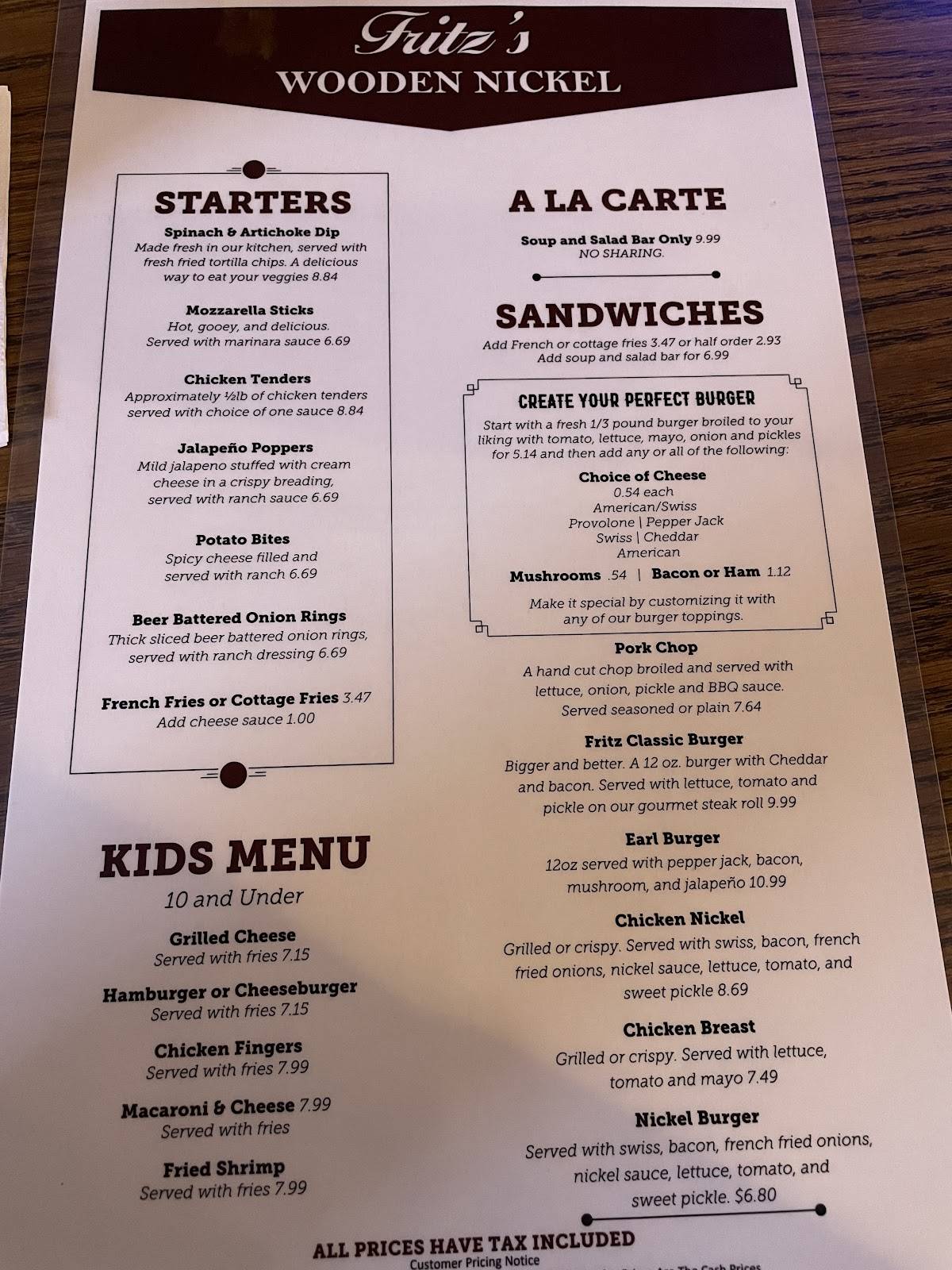 Menu at Fritz's Wooden Nickel steakhouse, Stillman Valley