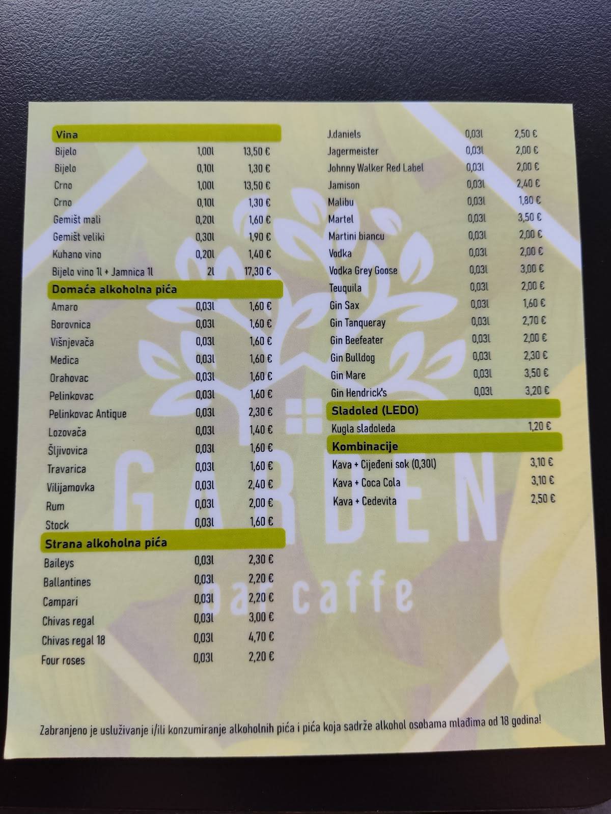 Menu di GARDEN bar caffe 