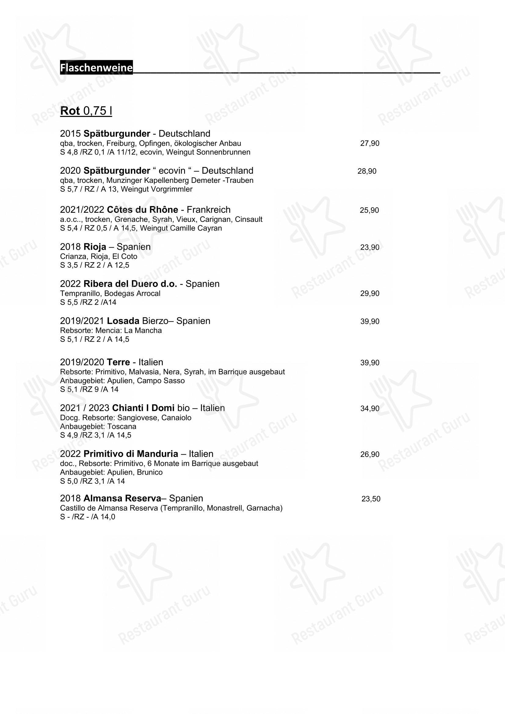 Menu pour Gaststätte Paradies dans Fribourg-en-Brisgau