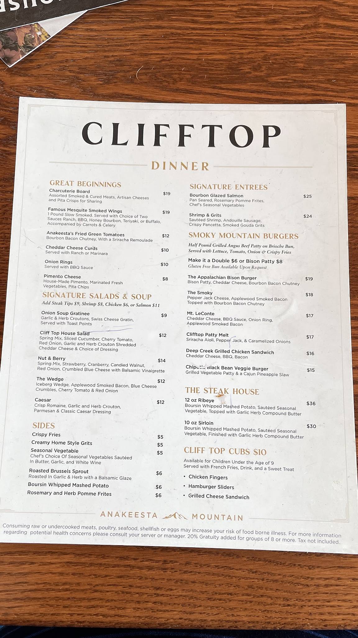 Menu at Cliff Top Restaurant at Anakeesta, Gatlinburg