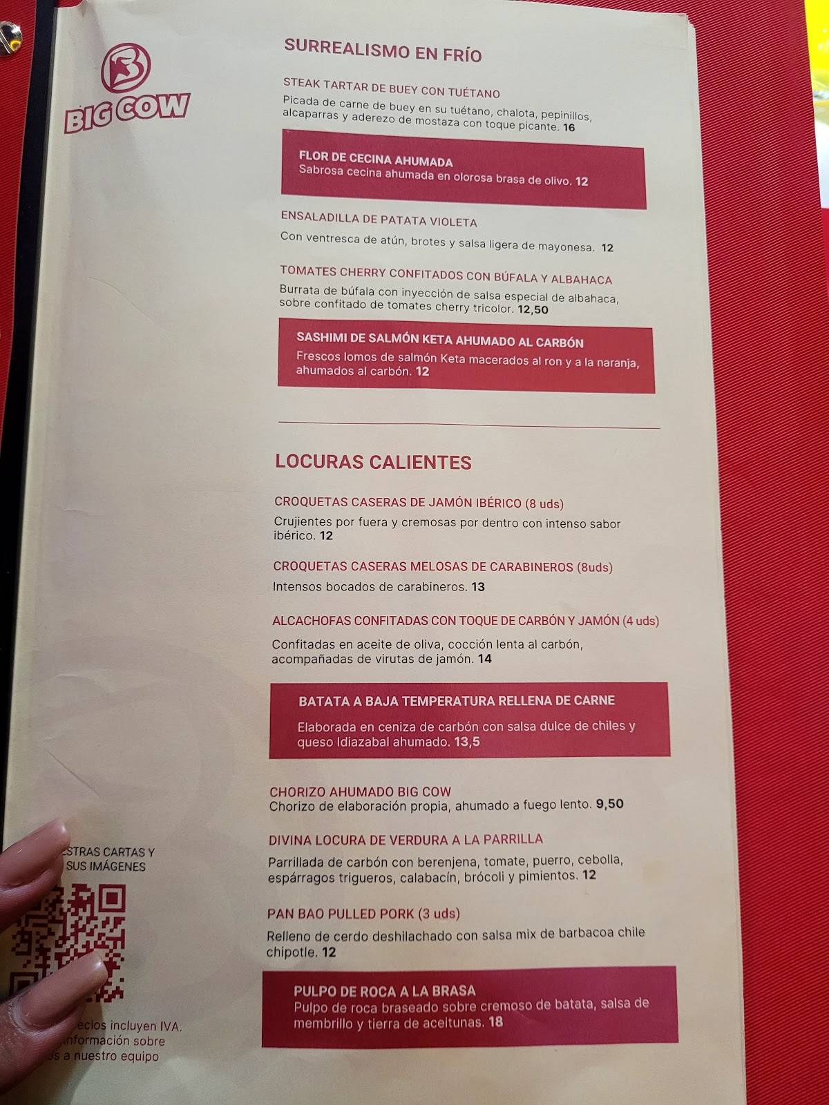 Carta del restaurante Big Cow, Getafe