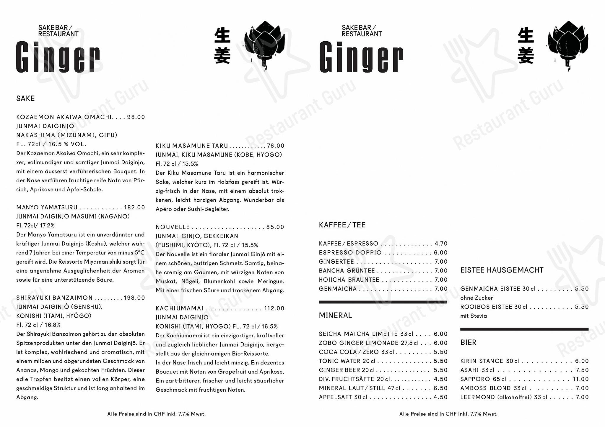 Carte menu pour Ginger Restaurant dans Zürich