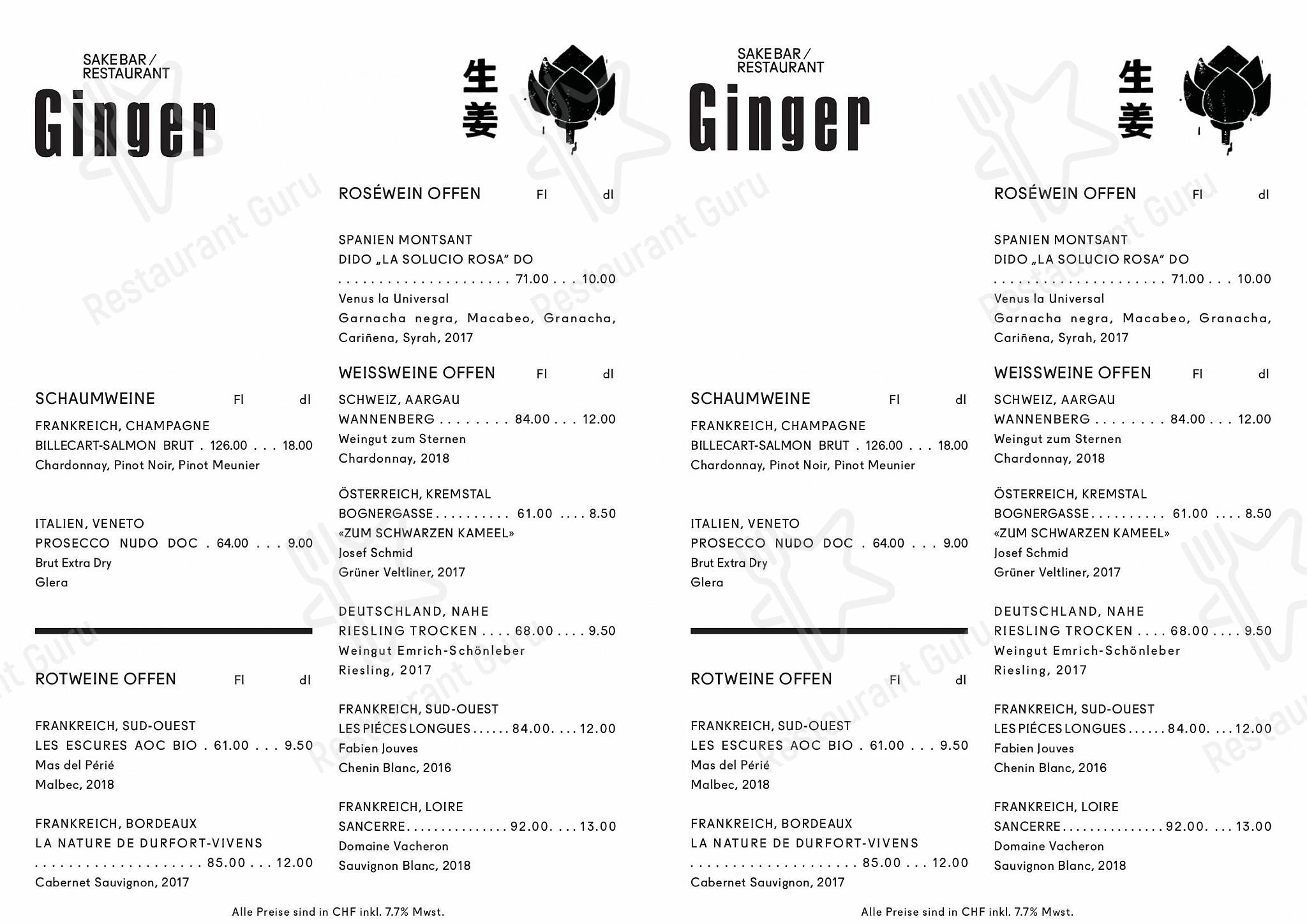 Menu pour Ginger Restaurant - Carte menu