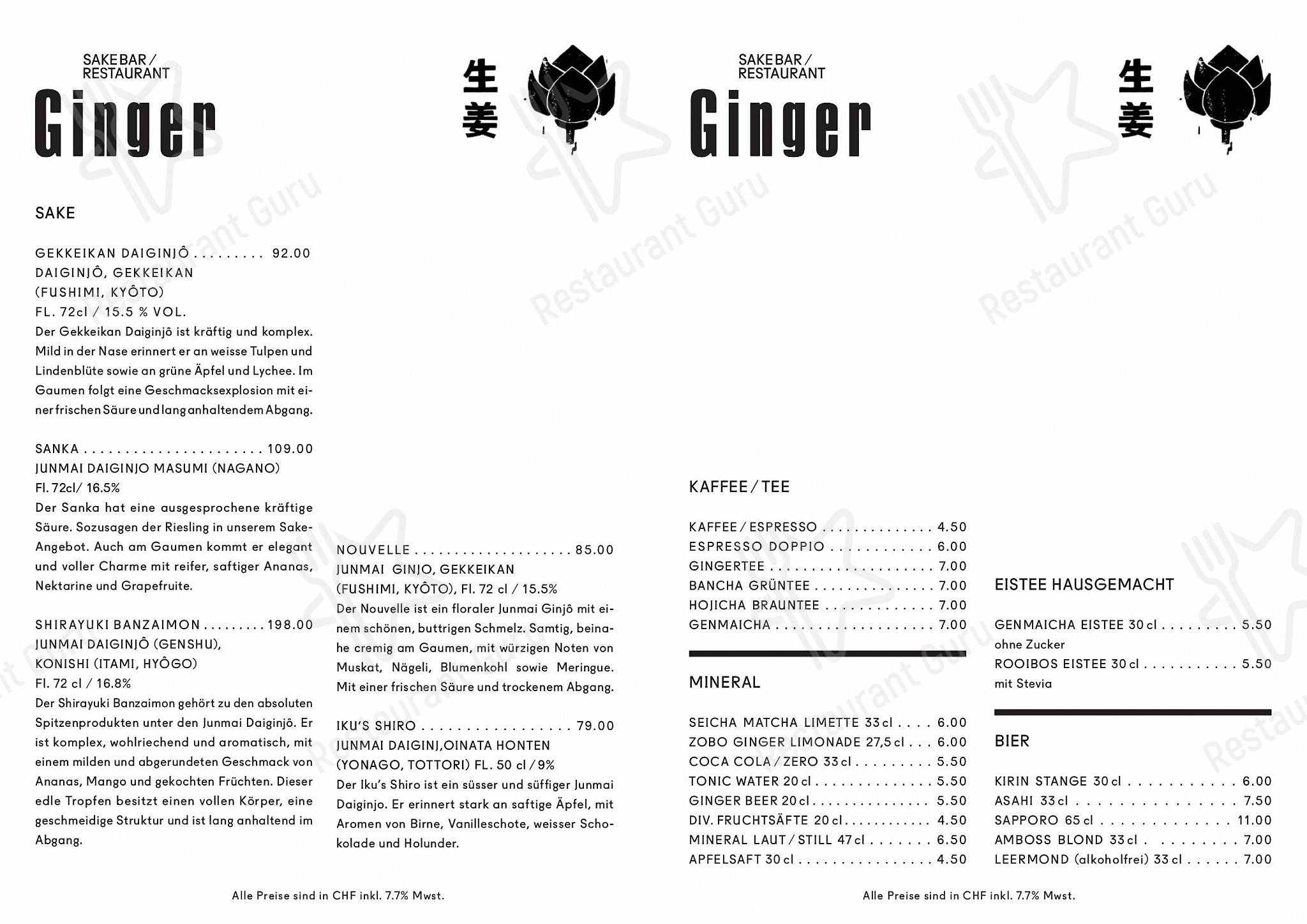 Carte menu pour Ginger Restaurant restaurant