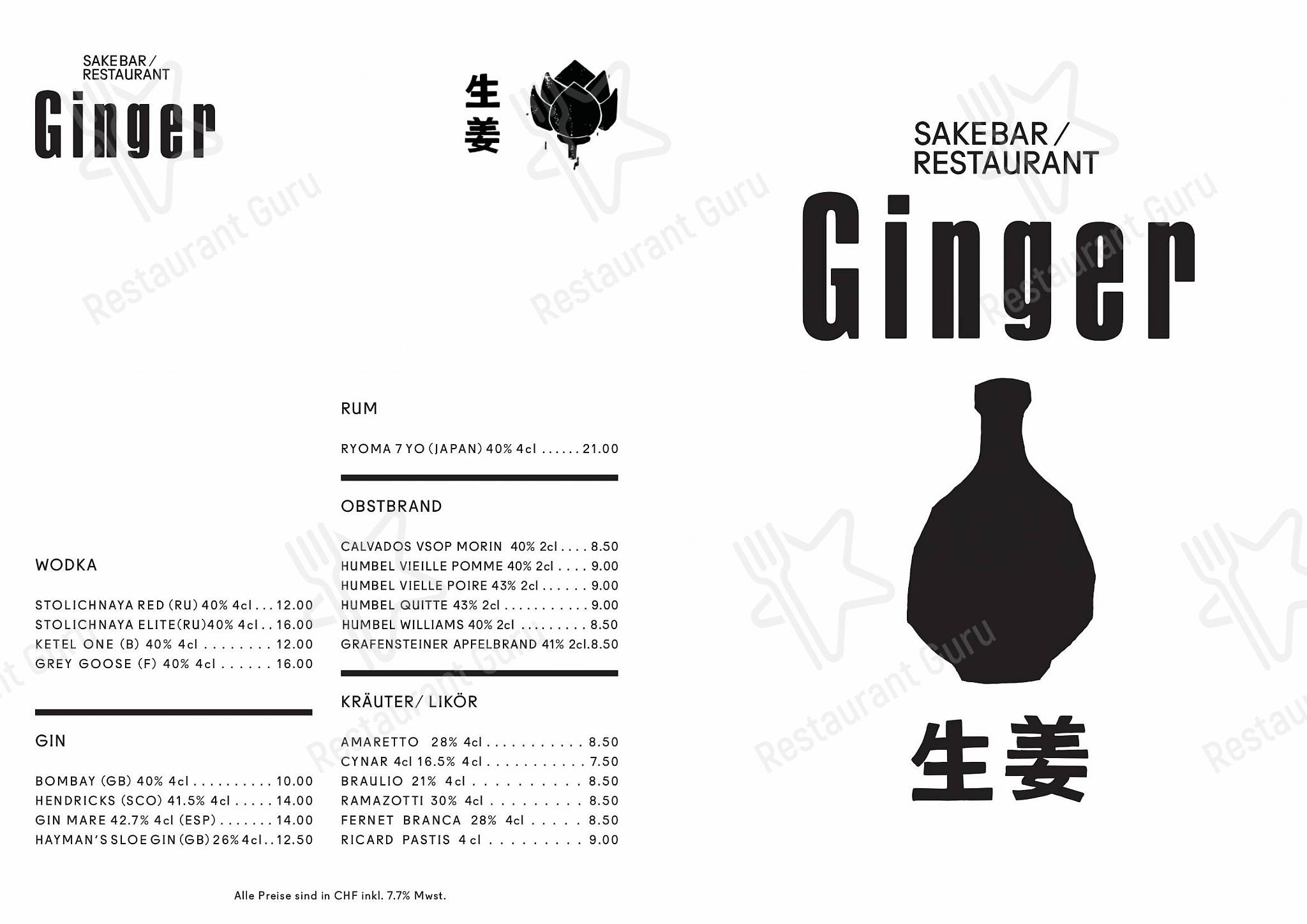 Menu pour Ginger Restaurant - Carte menu