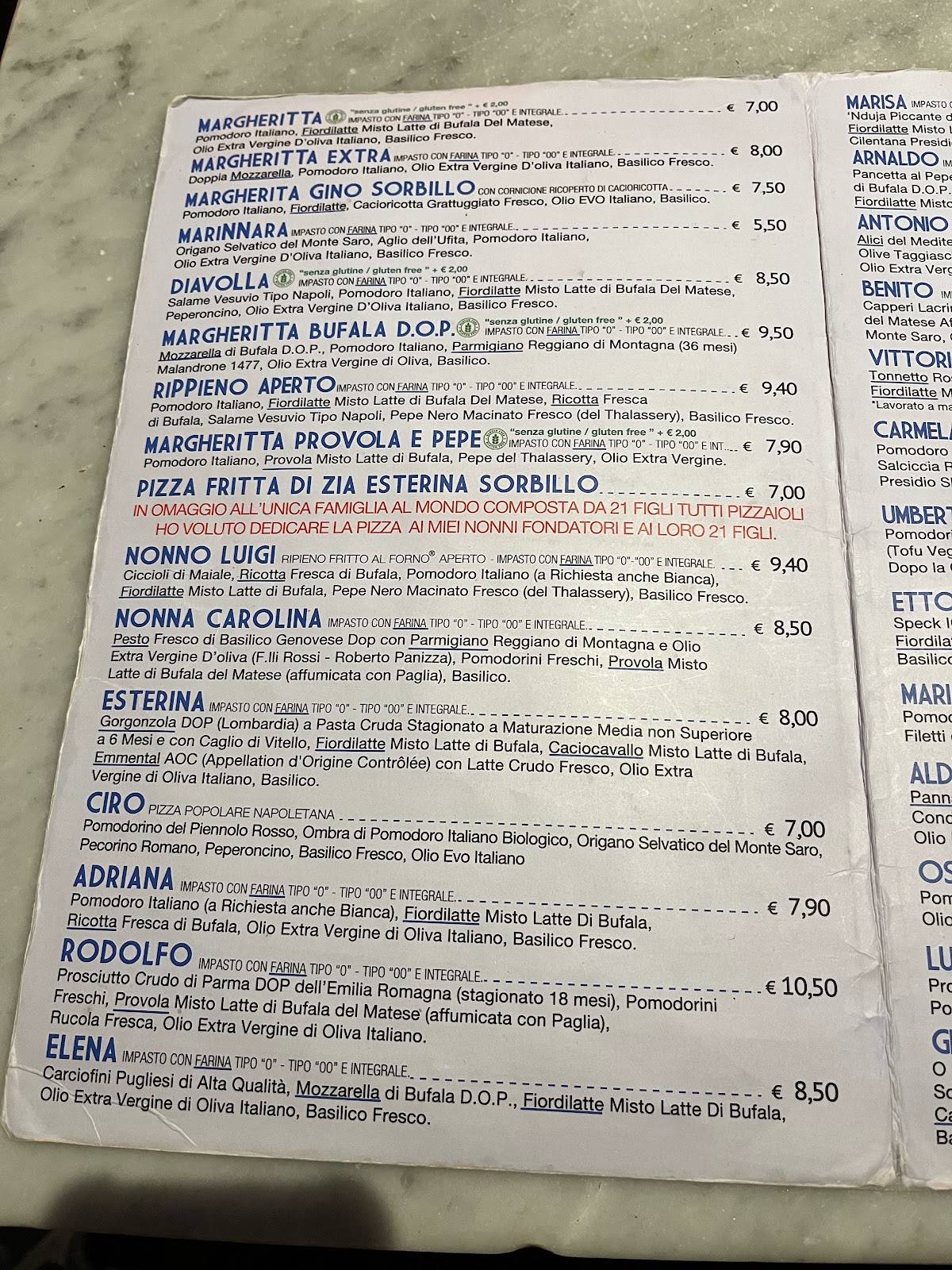 Menu di Gino e Toto Sorbillo 