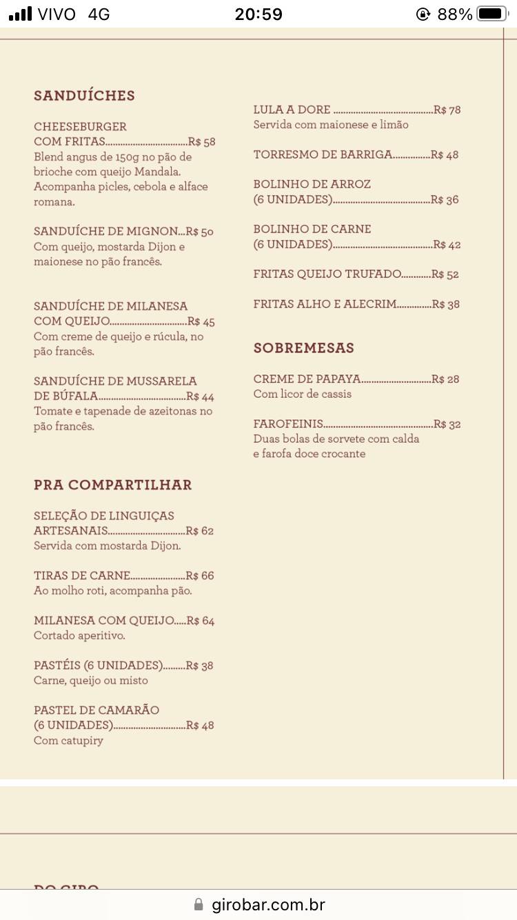 Giro Bar cardápio