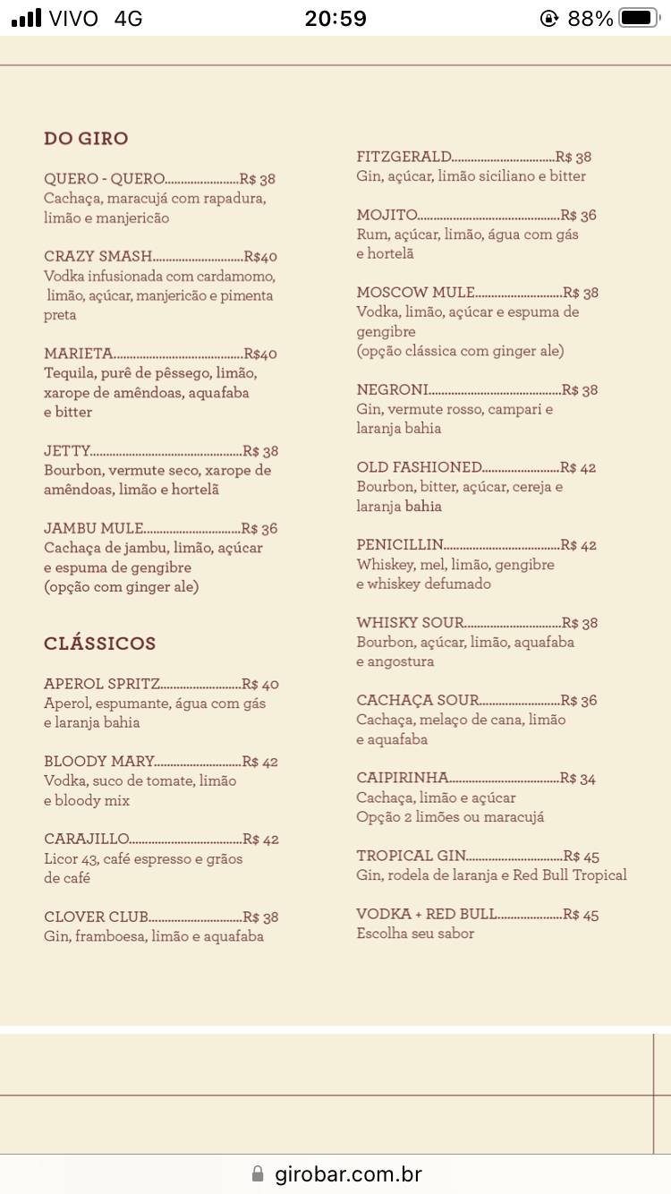 Giro Bar cardápio