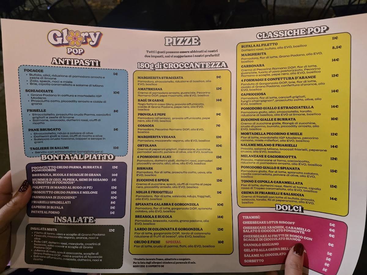 Menu di Glory Pop - Via Correggio 
