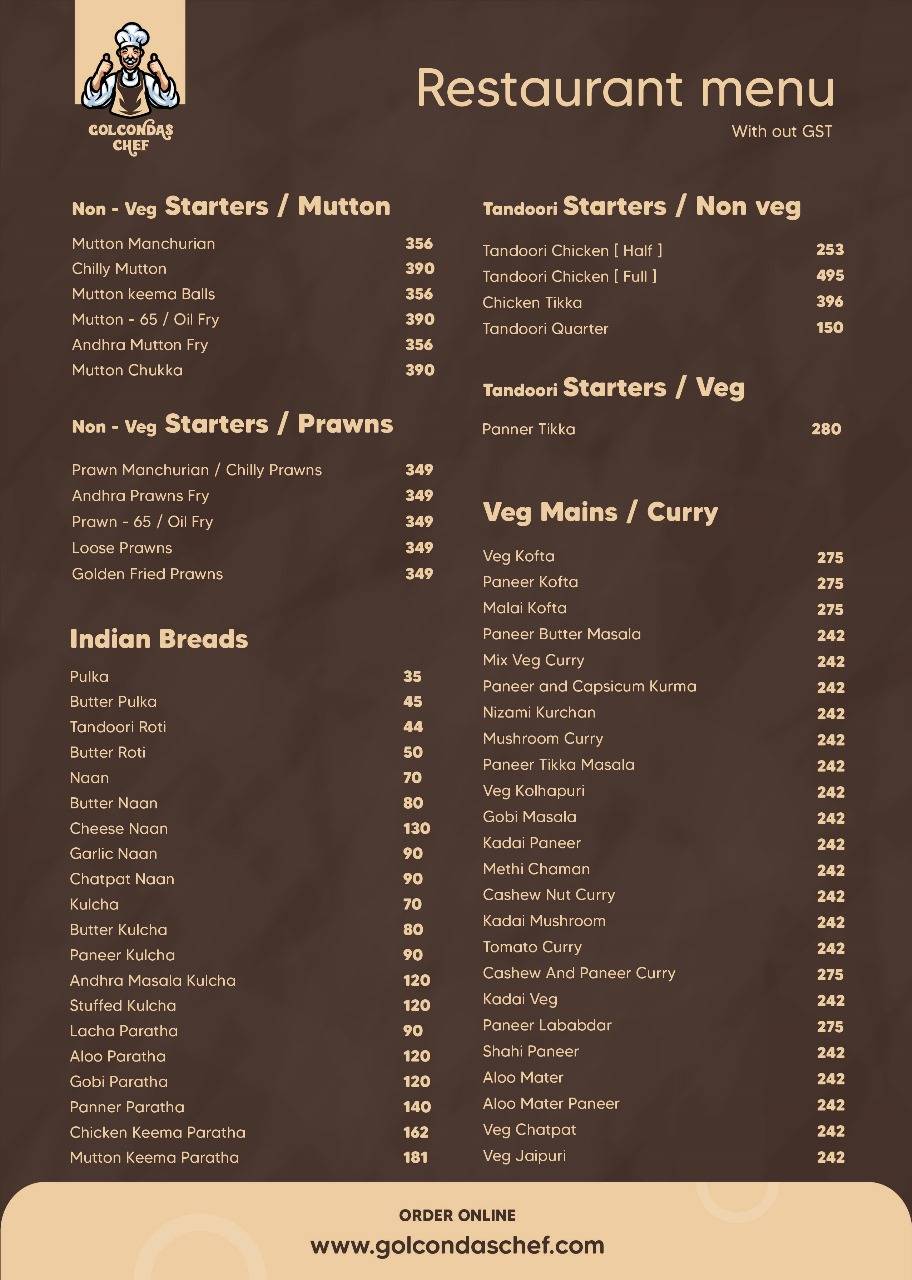 Golcondas Chef menu