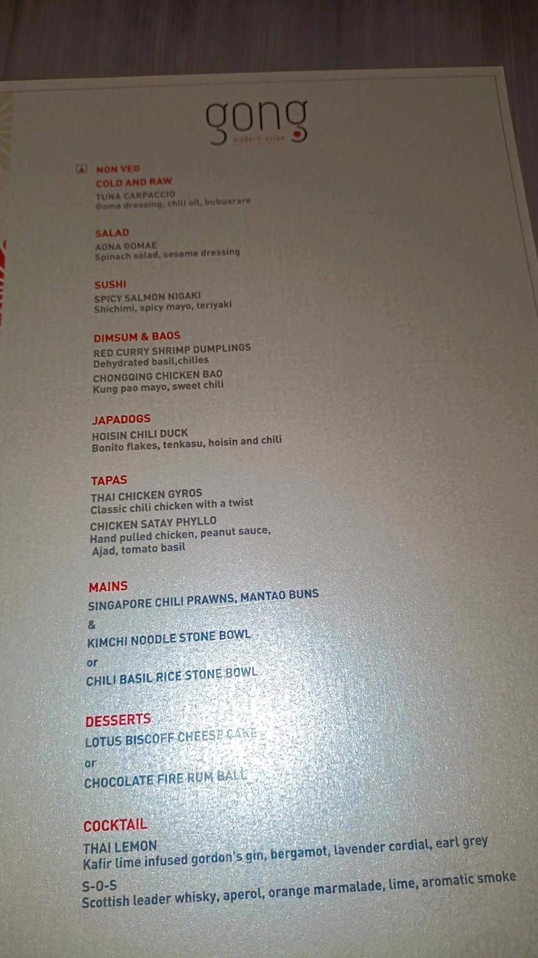 Gong Modern Asian Pune menu