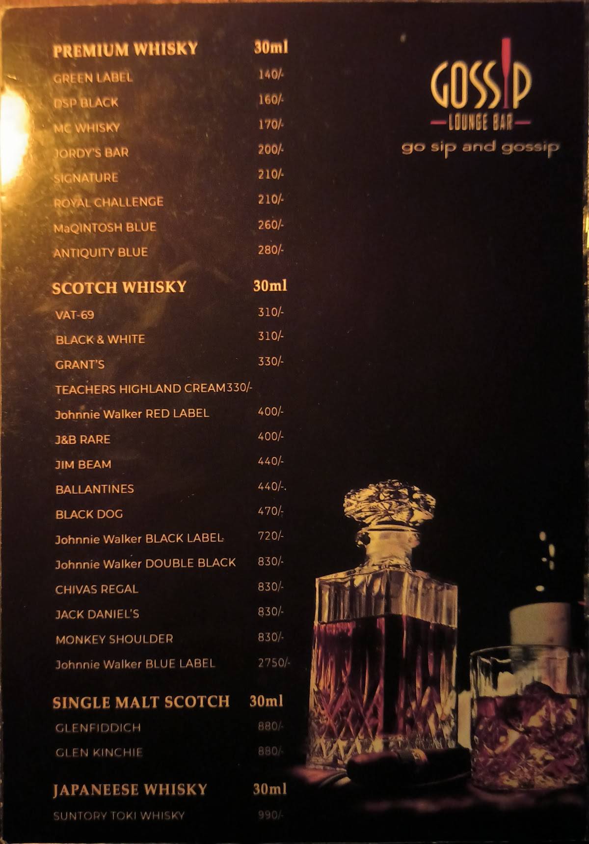 Gossip Lounge menu