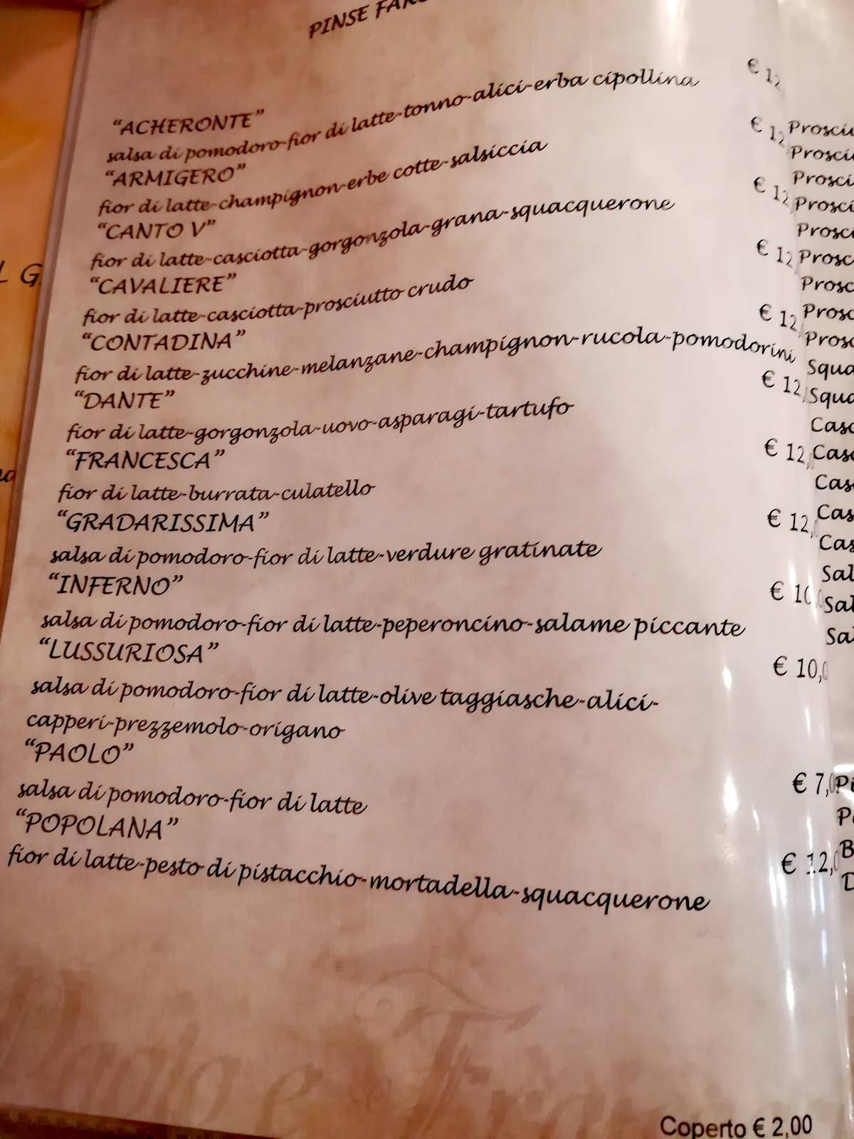 Menu di Tavernetta Paolo e Francesca 