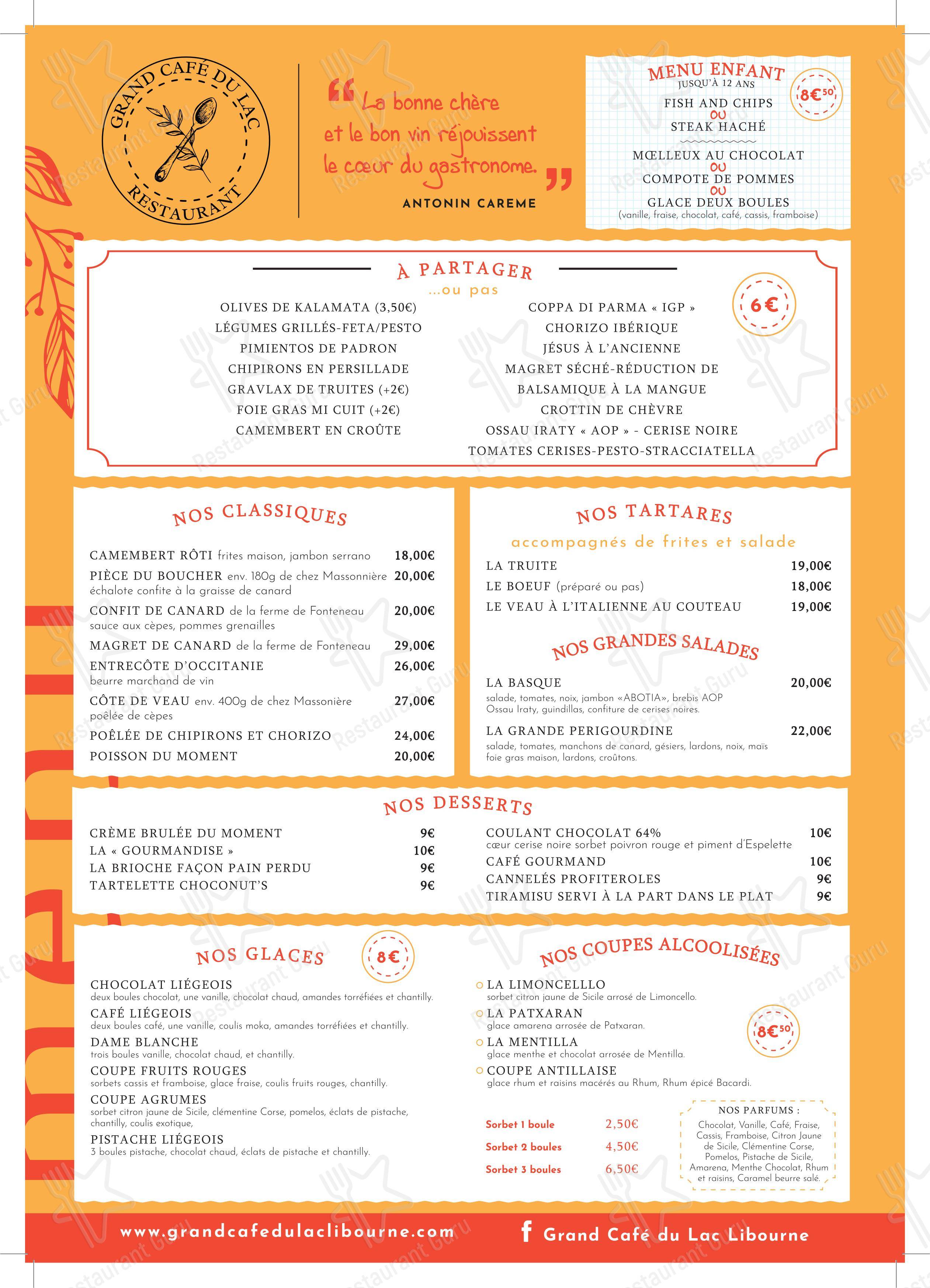Menu pour Grand Café du Lac Libourne restaurant