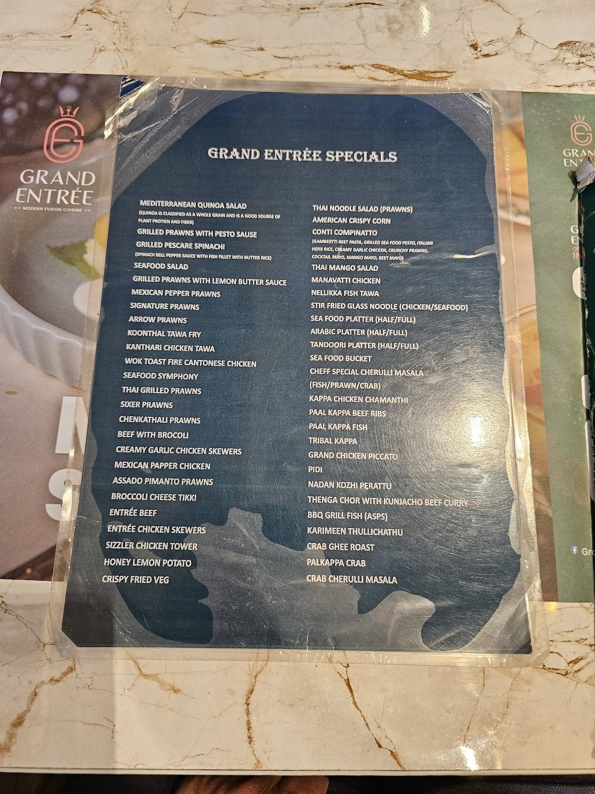 Grand Entree Select menu
