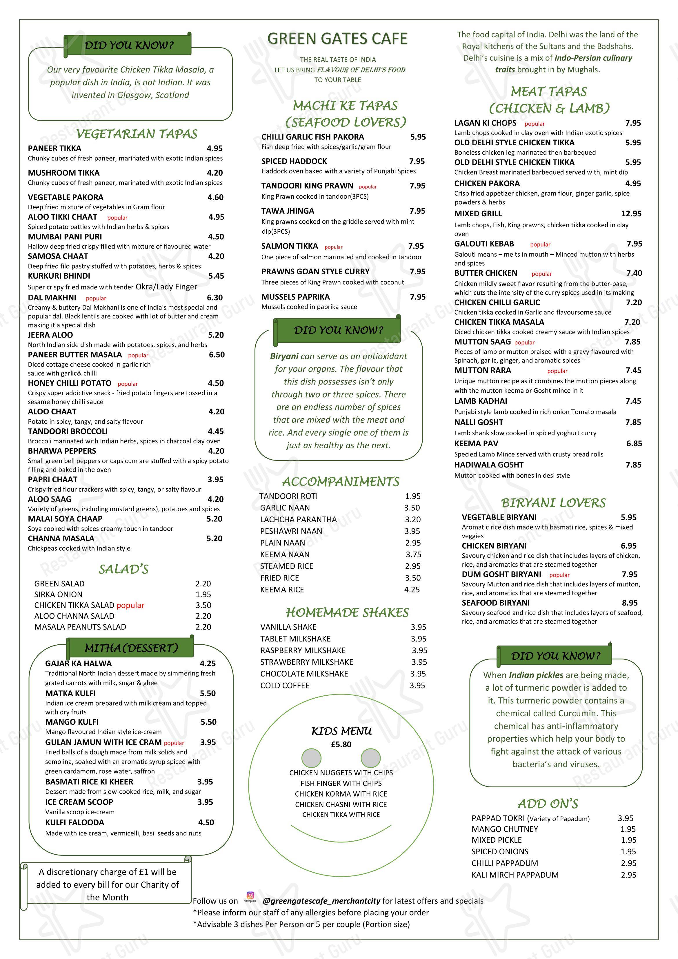 Menu at Green Gates Cafe, Glasgow