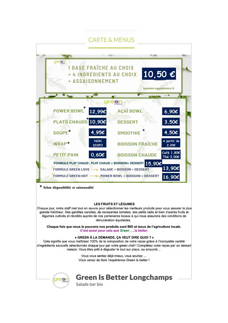 Menu de Green Is Better Rennes Longchamps