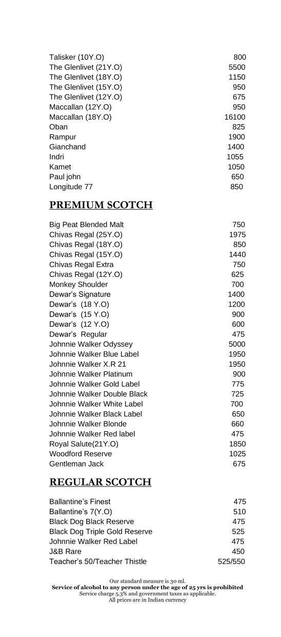 Connexions - Crowne Plaza menu