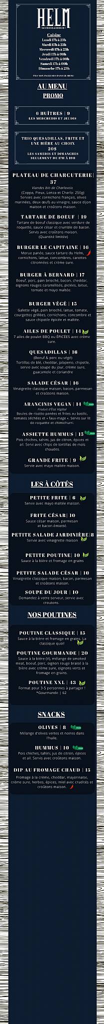 Menu de HELM - Microbrasserie sur Bernard