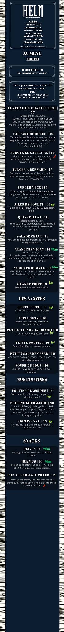 Menu de HELM - Microbrasserie sur Bernard