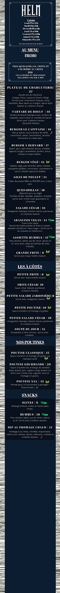 Menu de HELM - Microbrasserie sur Bernard