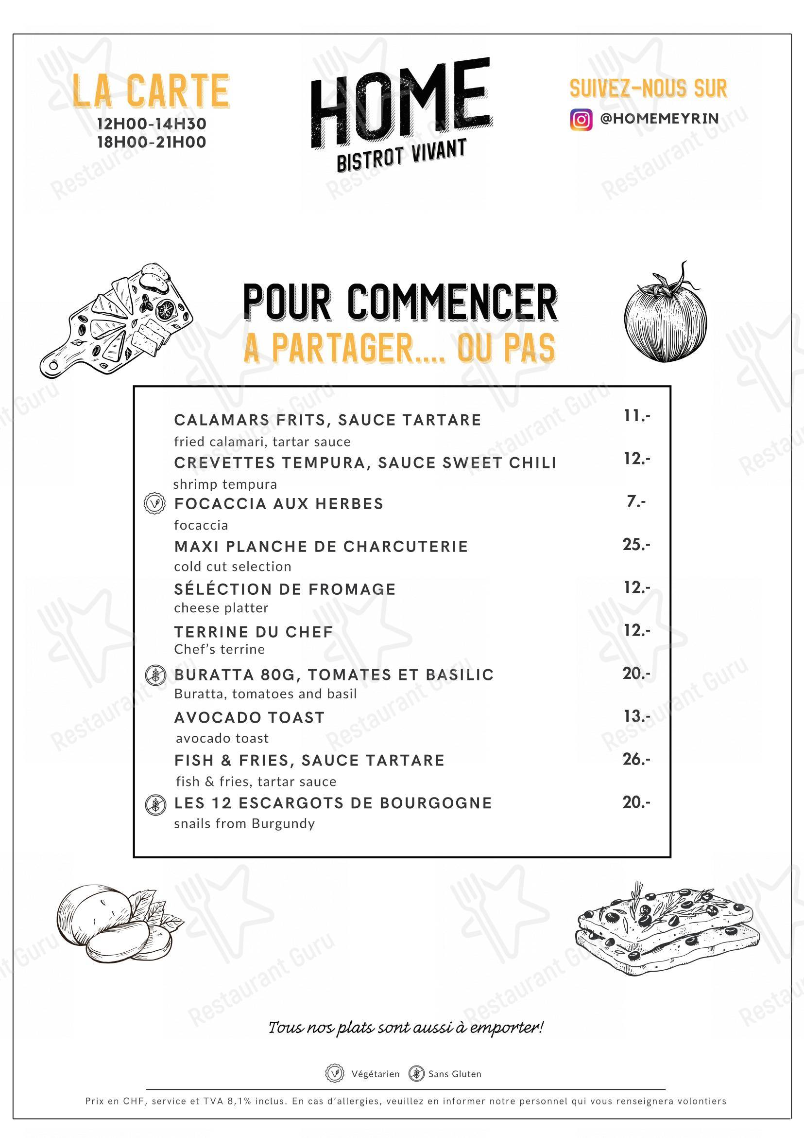 Menu per HOME Restaurant ristorante
