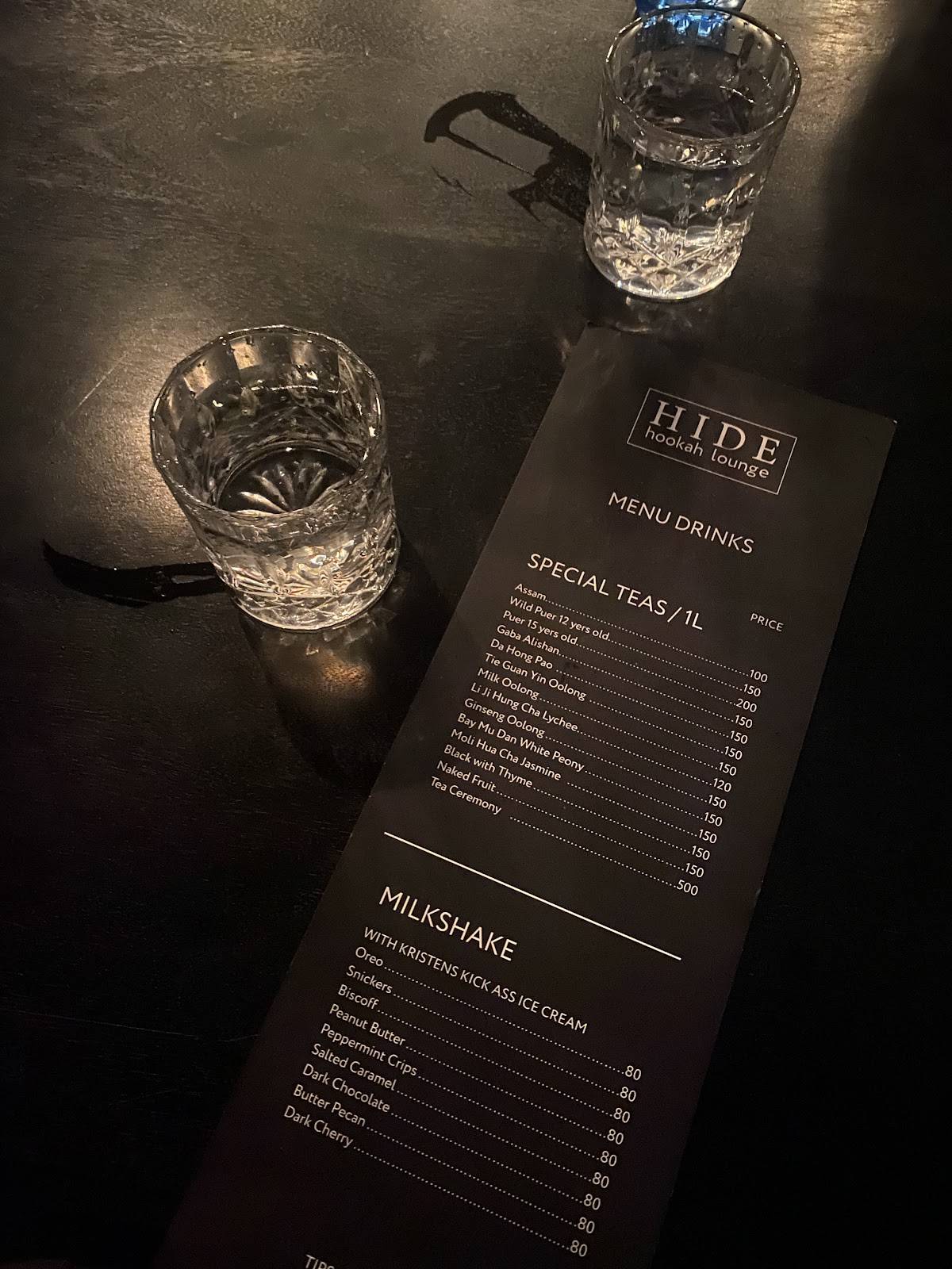 Menu at Hide Hookah Lounge pub & bar, Cape Town