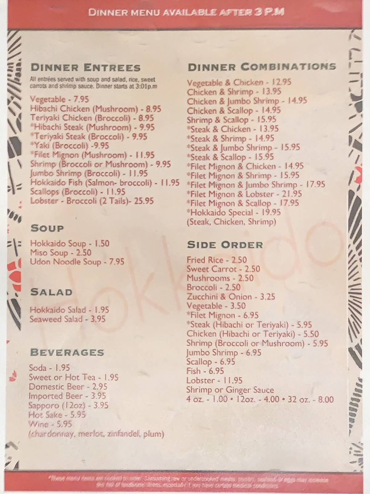 Menu at Hokkaido Restaurant, Boone