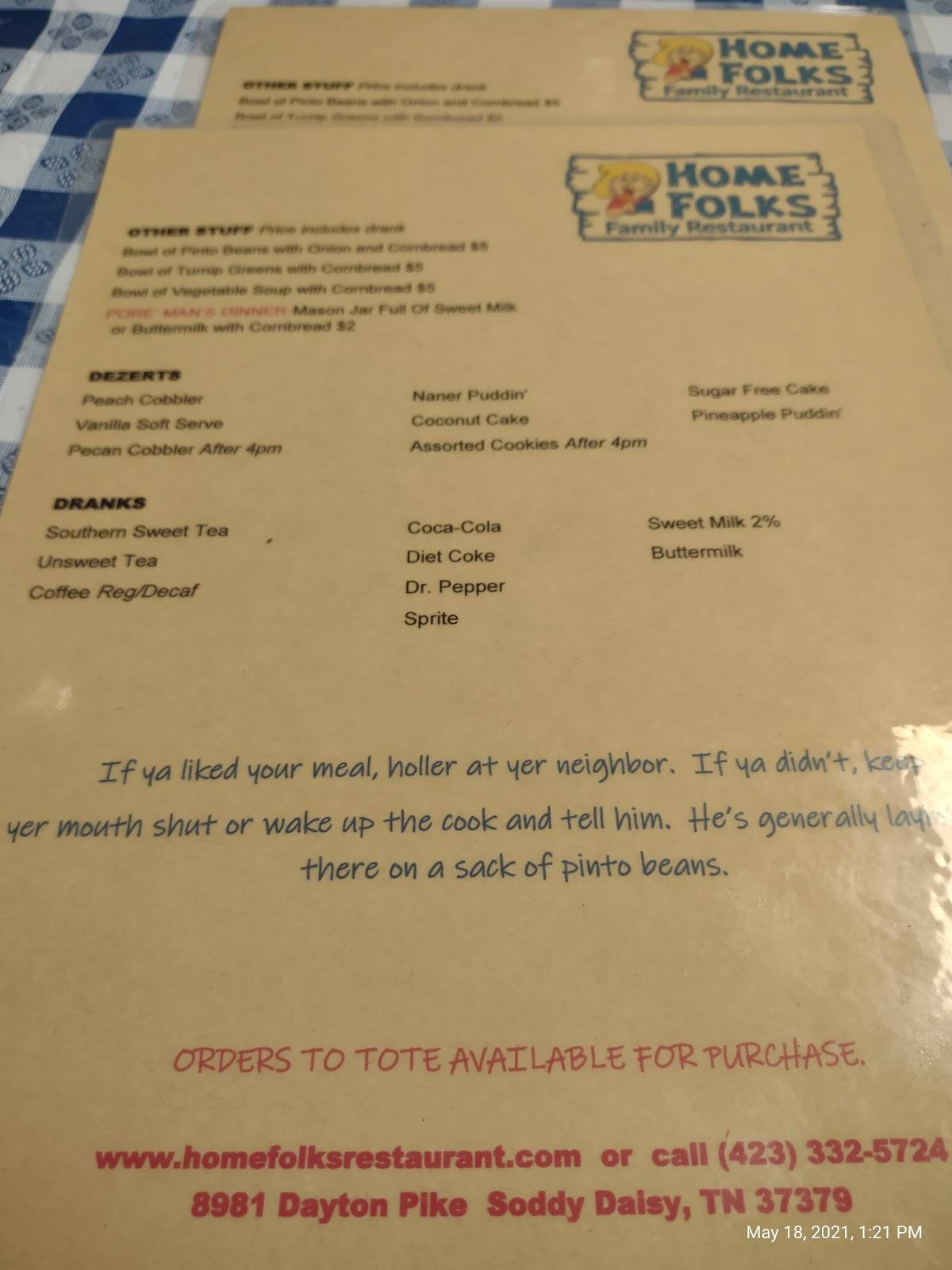 Menu at Home Folks Family Restaurant, SoddyDaisy