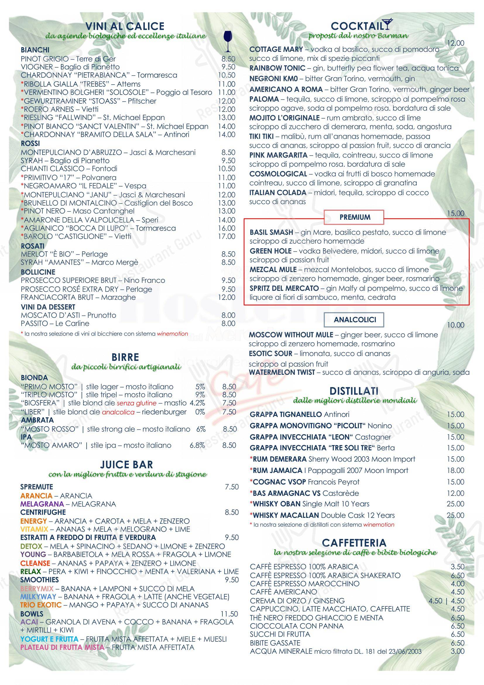 Menu bar per Hosteria del Mercato in Roma