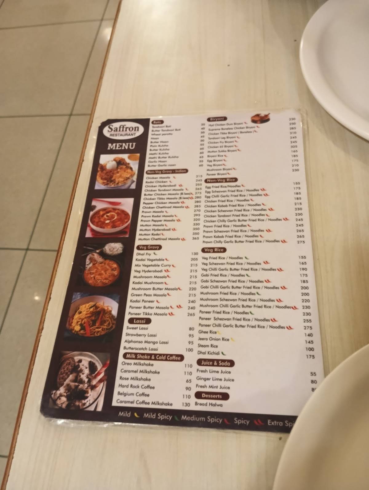 Saffron Restaurant Hosur menu