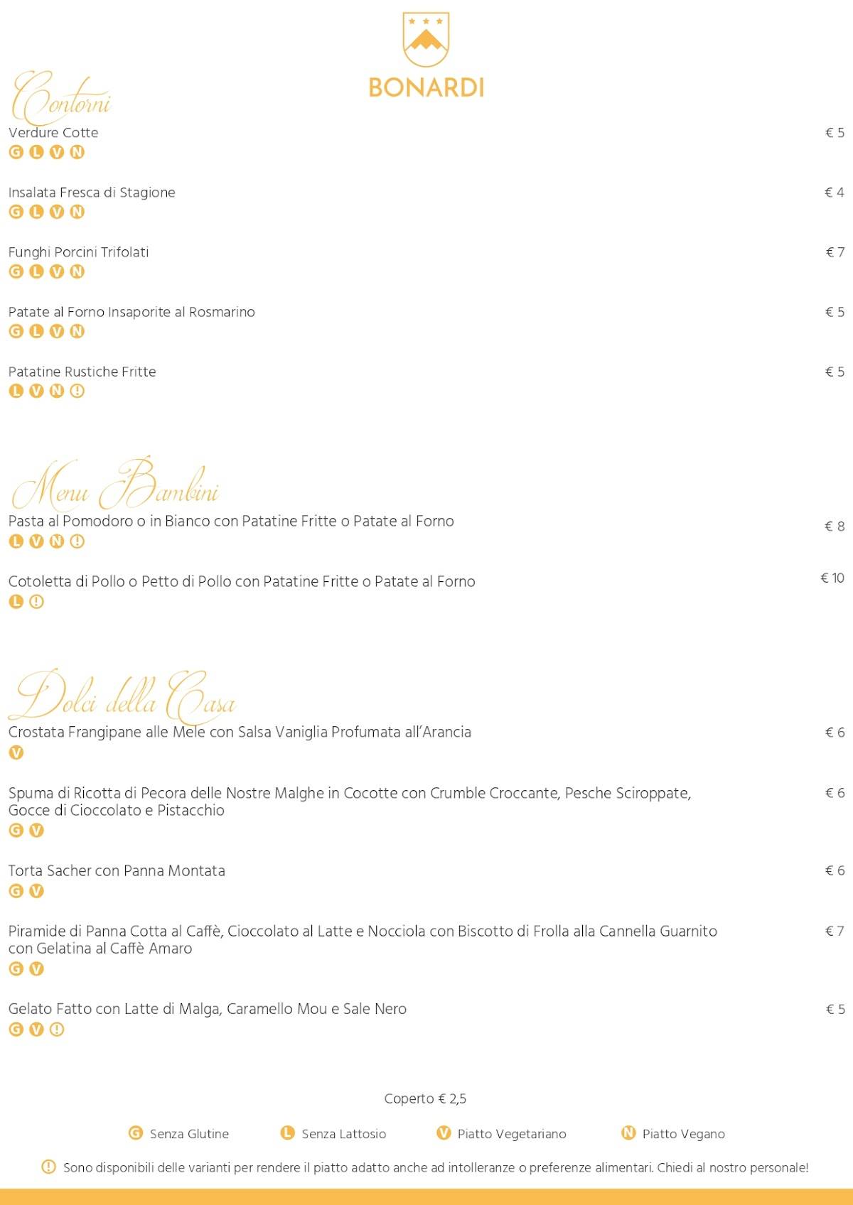 Menu di Hotel Bonardi 