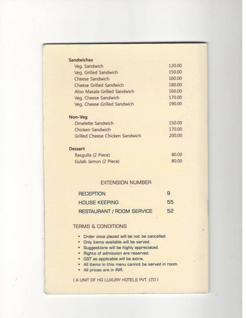 Hotel HG Grandiose menu