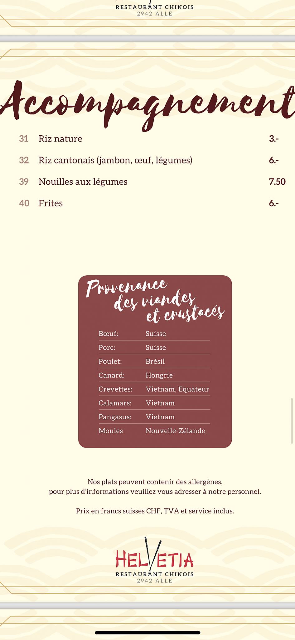 Menu de Hôtel Helvétia