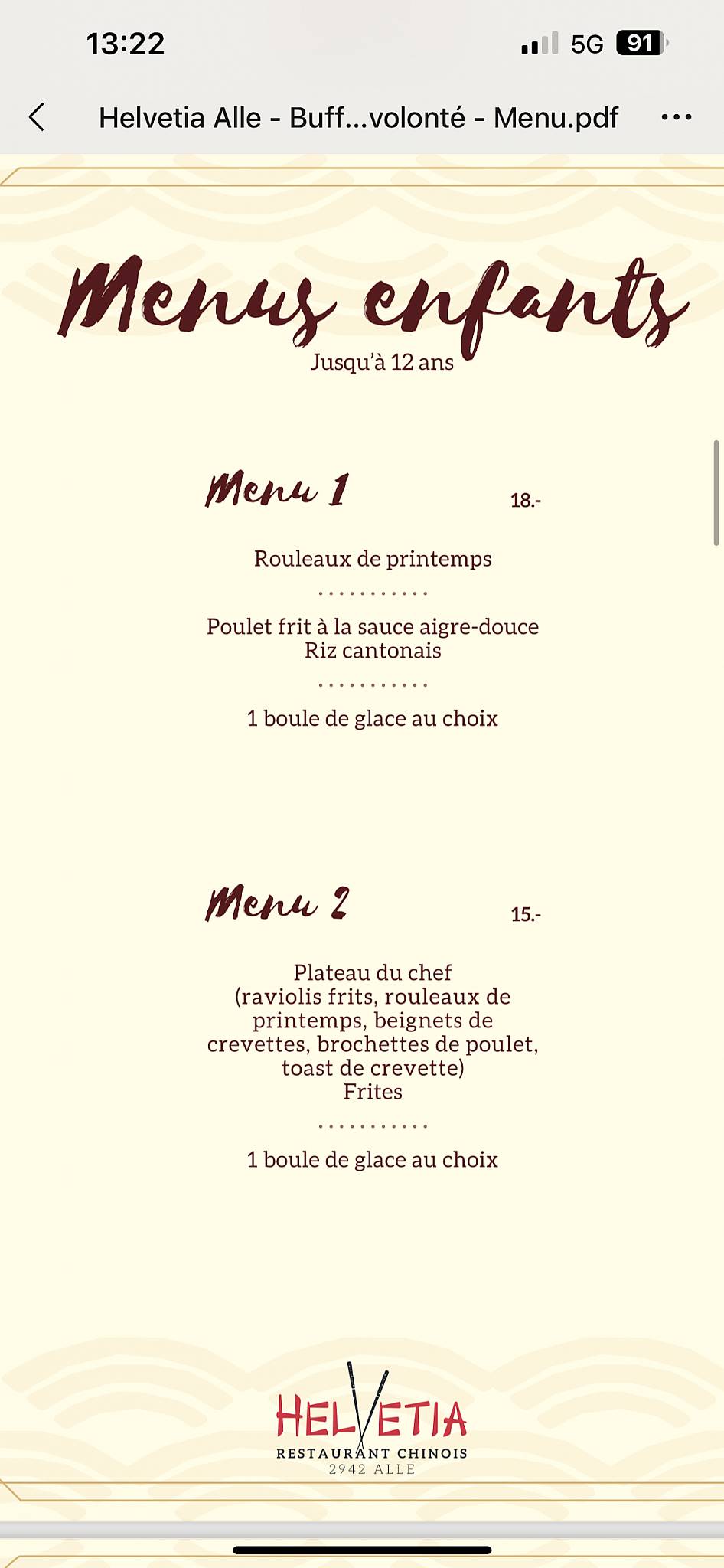 Menu de Hôtel Helvétia