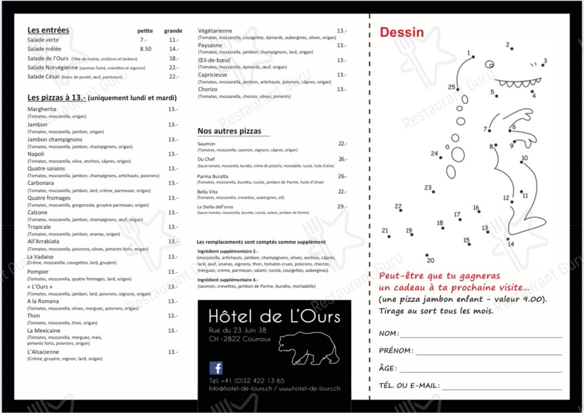 Menu bar per Hôtel Restaurant Pizzeria de l'Ours in Courroux