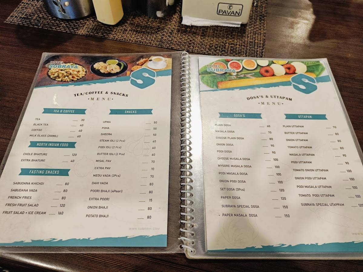 Hotel Subraya menu