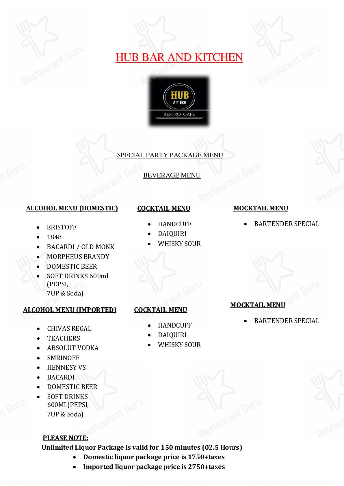 Hub At ECR menu - meals and drinks