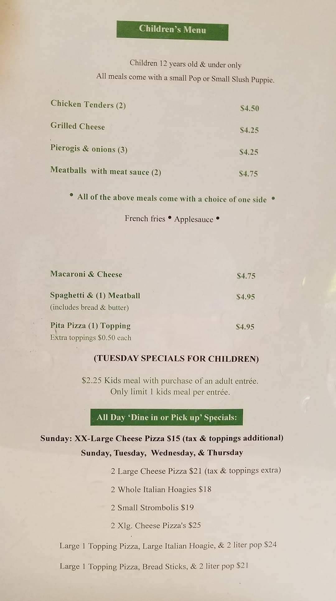 Menu at Hunner's Pizza & Restaurant, Sturgeon