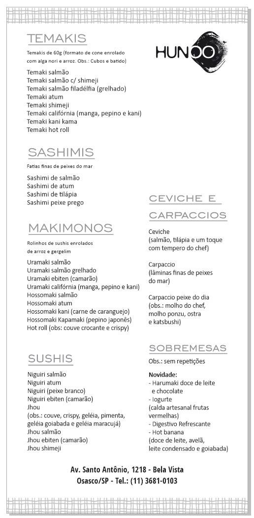 Hunoo Osasco cardápio