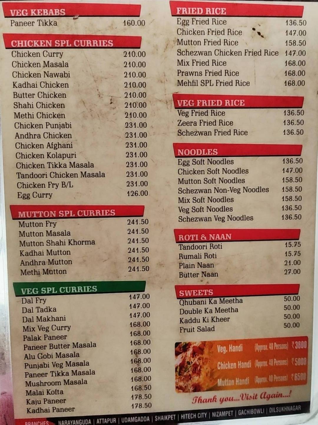 Mehfil Restaurant menu