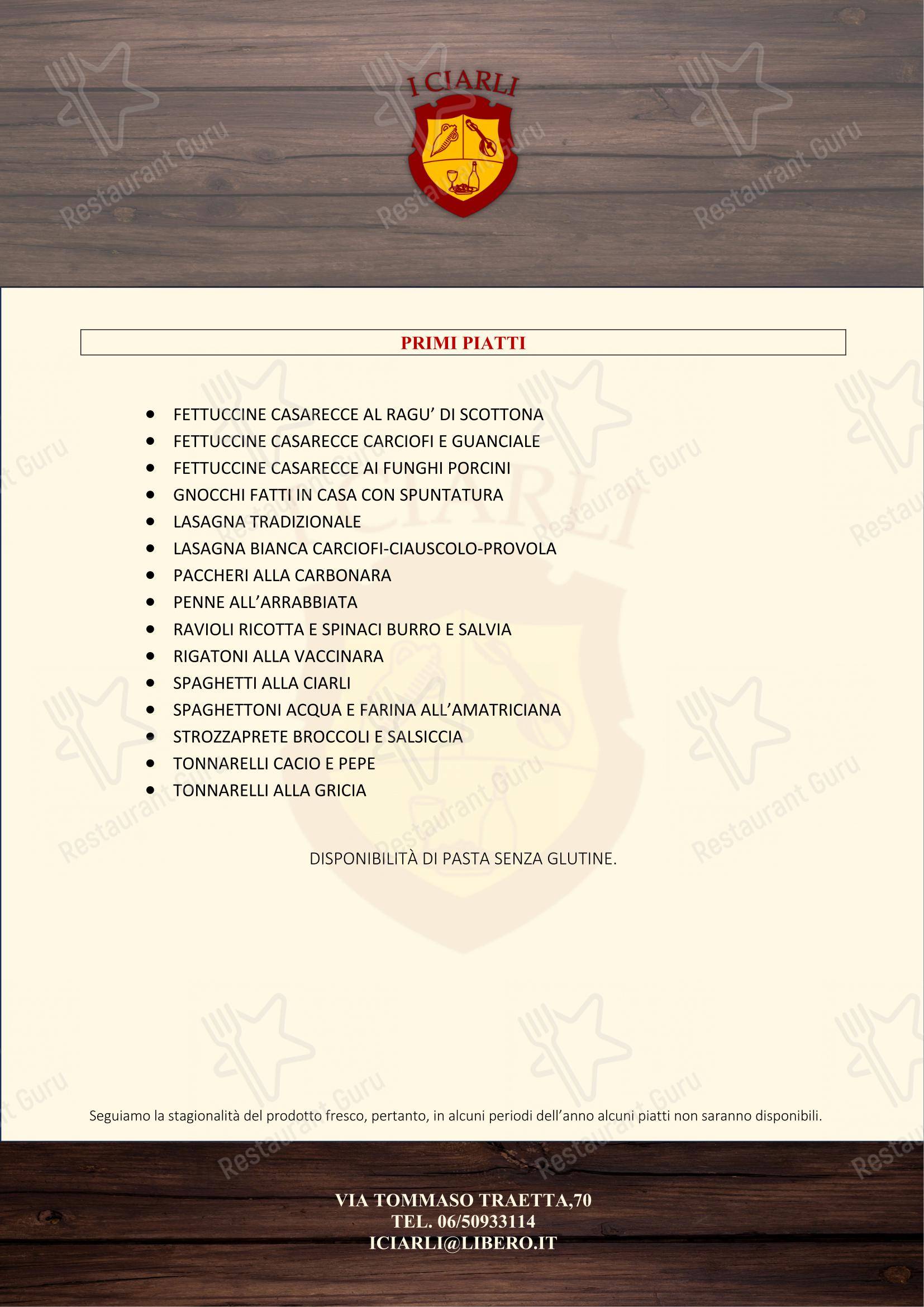 Menu di I CIARLI RISTORANTE-GRIGLIERIA-BAR - Menu