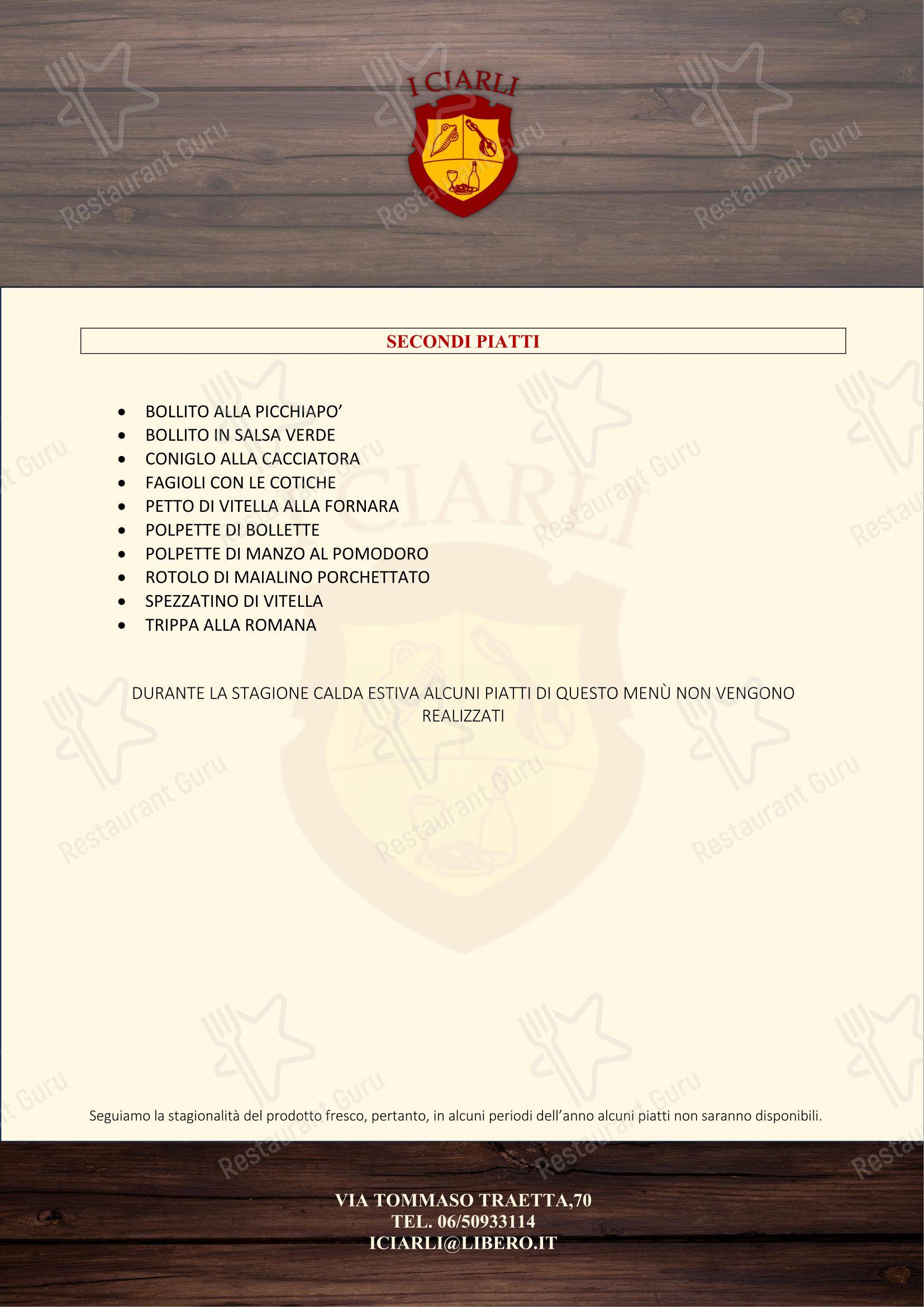 Menu per I CIARLI RISTORANTE-GRIGLIERIA-BAR in Roma