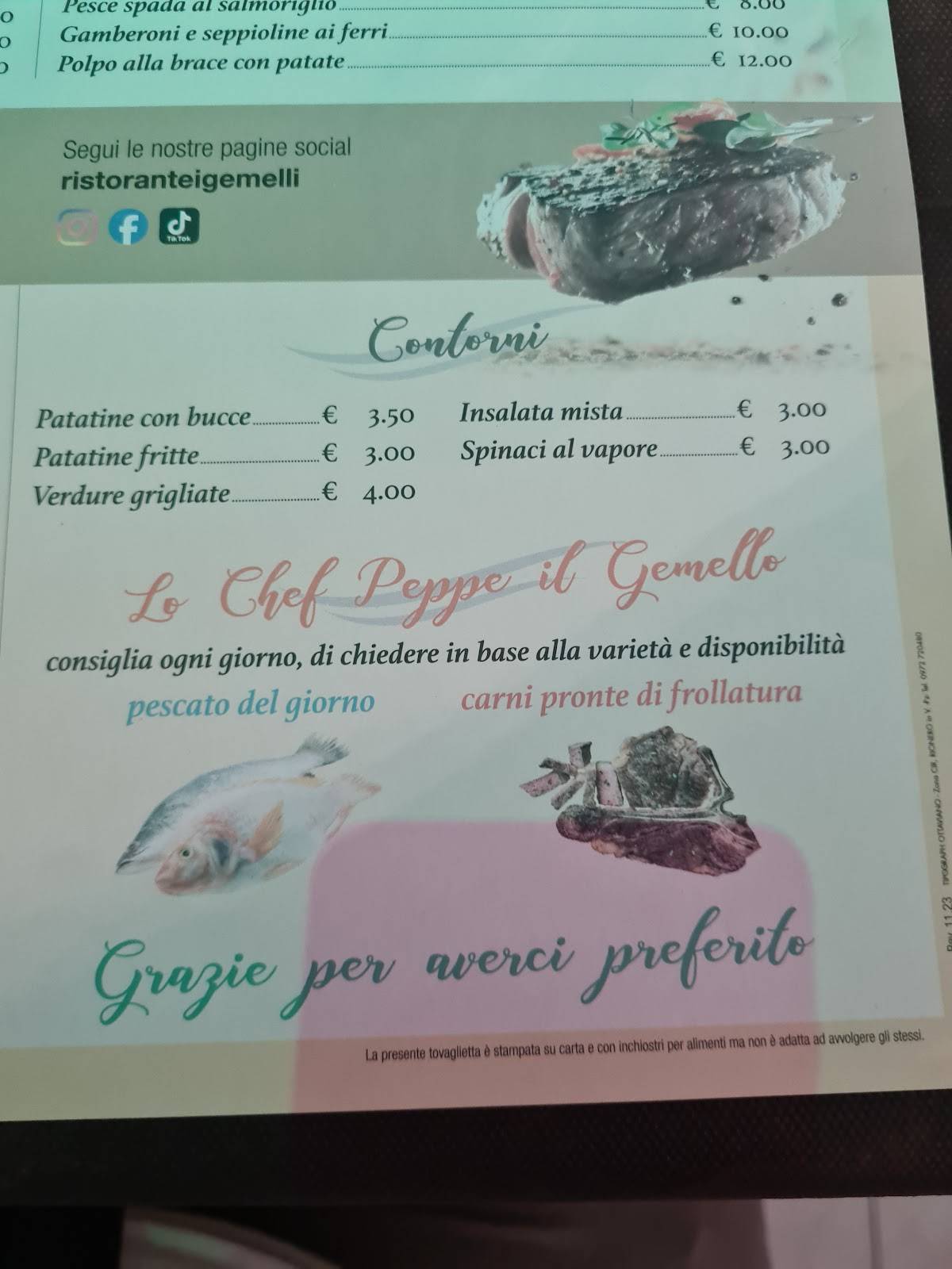 Menu di I Gemelli 